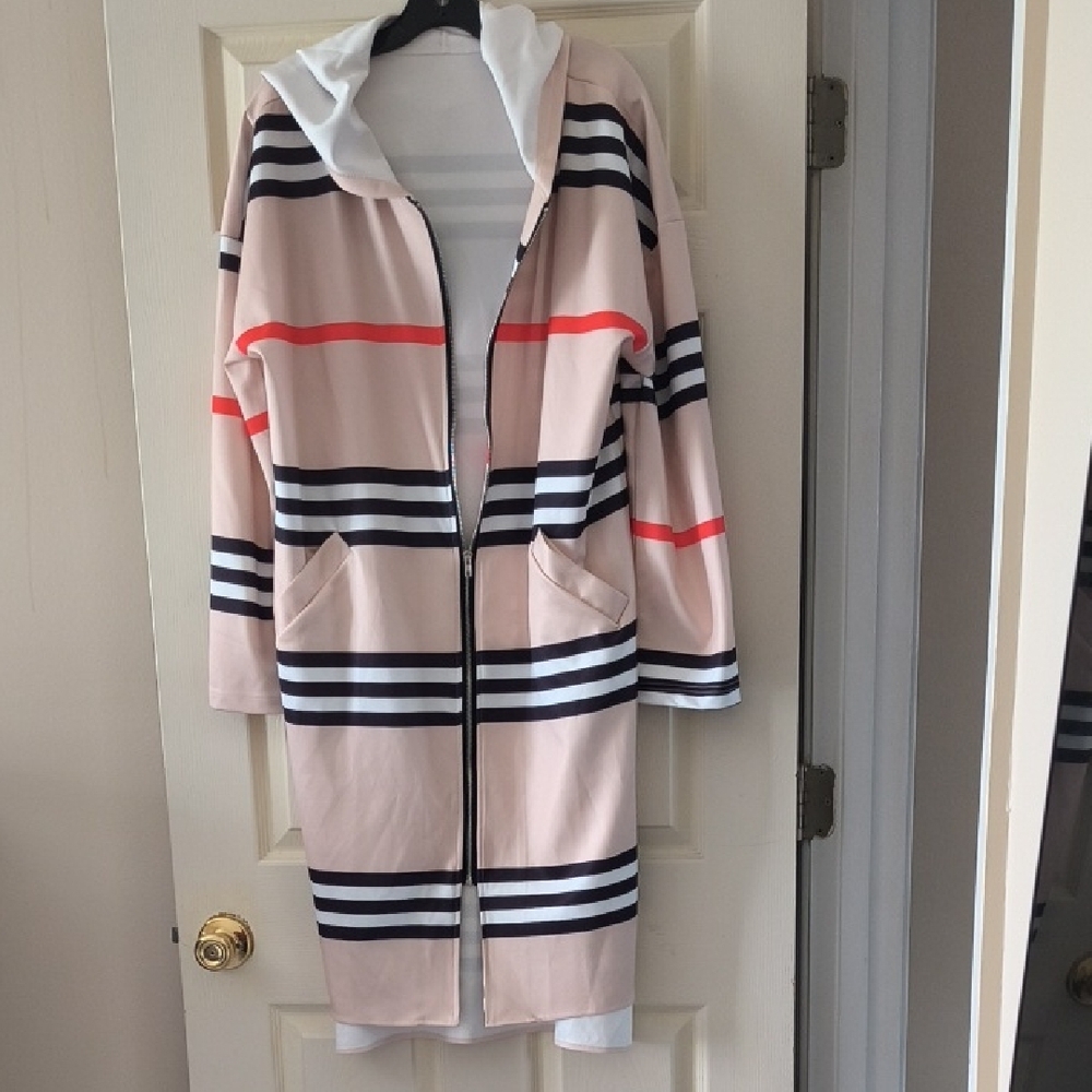Striped Hooded Jacket - Beige and Black